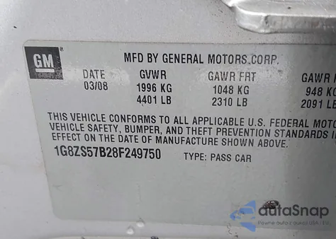 2008 Saturn Aura Xe z USA, uszkodzony, nr VIN 1G8ZS57B28F249750